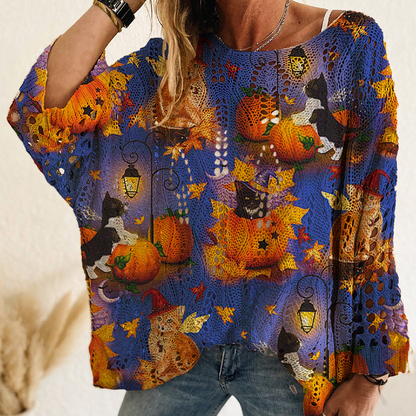 Haut en tricot au crochet avec motif citrouille d'Halloween pour femme