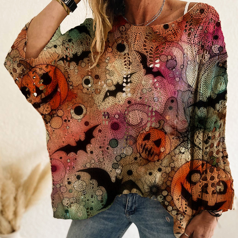 Haut en tricot au crochet avec motif citrouille d'Halloween pour femme