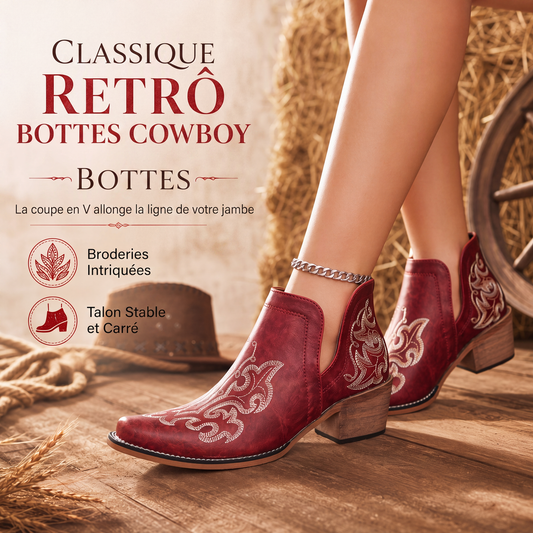 Bottines à talon bloc et coupe V rétro pour femmes, grande taille, unies ou à imprimé floral, pour l'automne et l'hiver