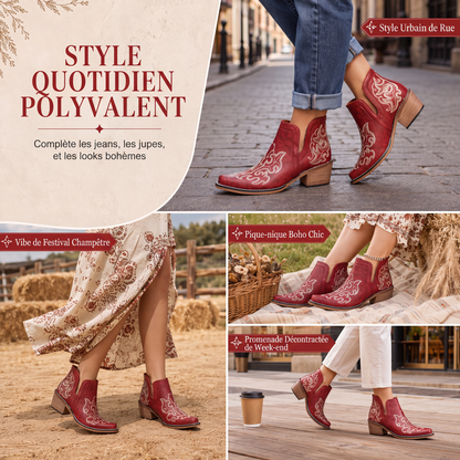 Bottines Martin à talon bloc et coupe V rétro pour femmes, grande taille, unies ou à imprimé floral, pour l'automne et l'hiver