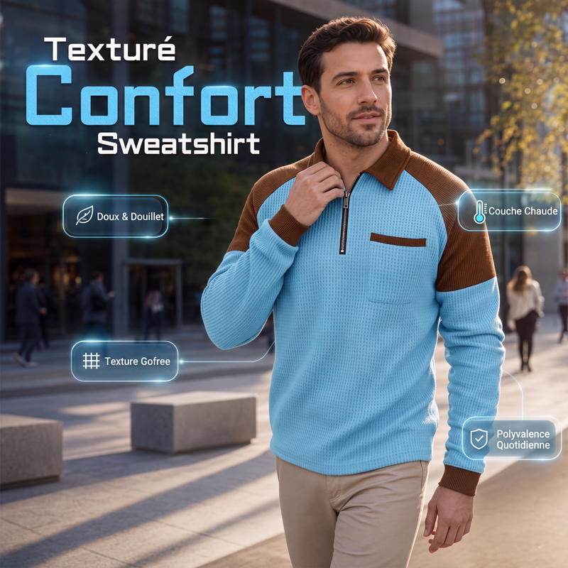 📢📢50 % DE RÉDUCTION !! ⏰ Sweat décontracté pour homme en maille gaufrette à quart de zip