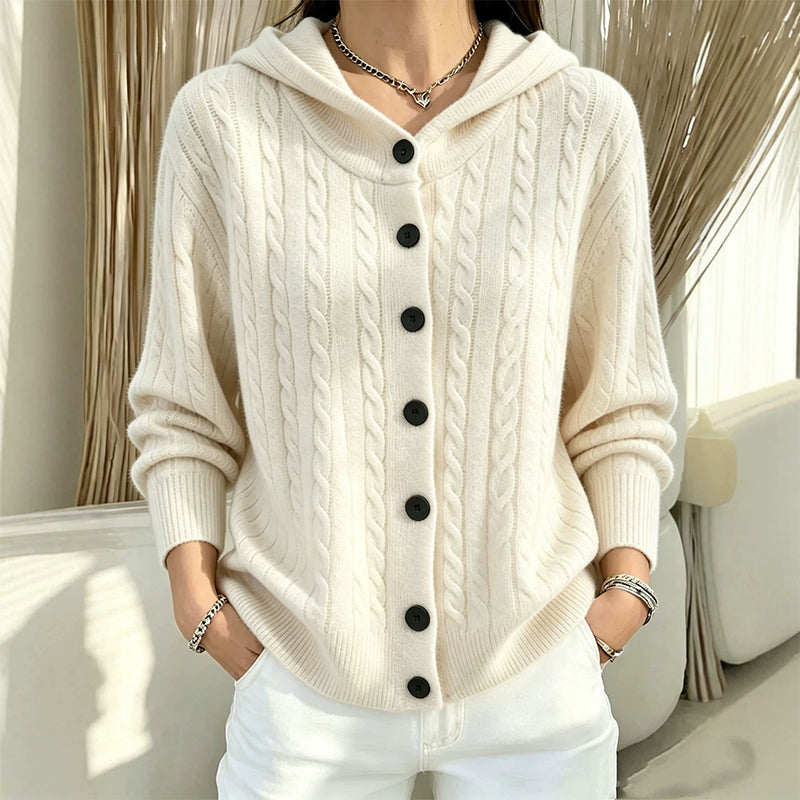 Cardigan à capuche en maille tressée pour femme