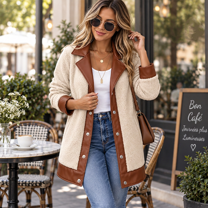 Veste en peluche à patchwork et à col revers pour femme