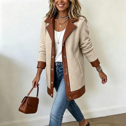 Veste en peluche à patchwork et à col revers pour femme