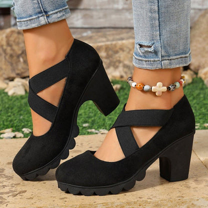 Chaussures Mary Jane à bout rond pour femmes avec brides croisées, talons épais, plateforme et découpes, talons hauts