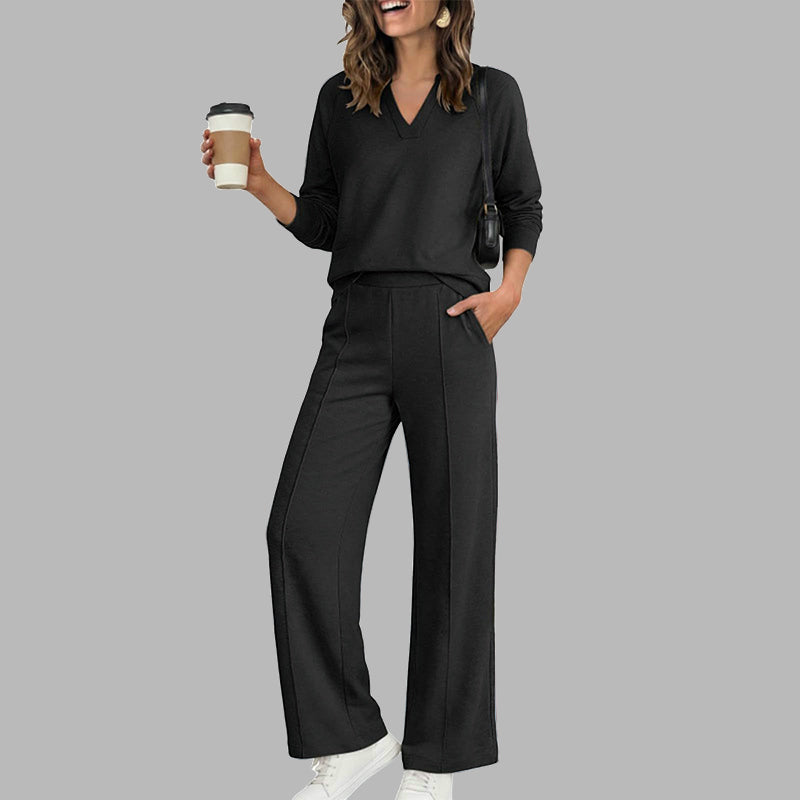 Ensemble décontracté pour femme : haut à col V et pantalon à jambes larges