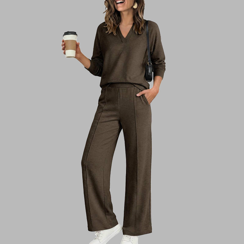 Ensemble décontracté pour femme : haut à col V et pantalon à jambes larges