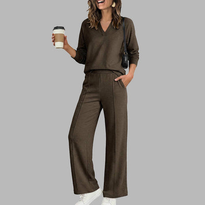 Ensemble décontracté pour femme : haut à col V et pantalon à jambes larges