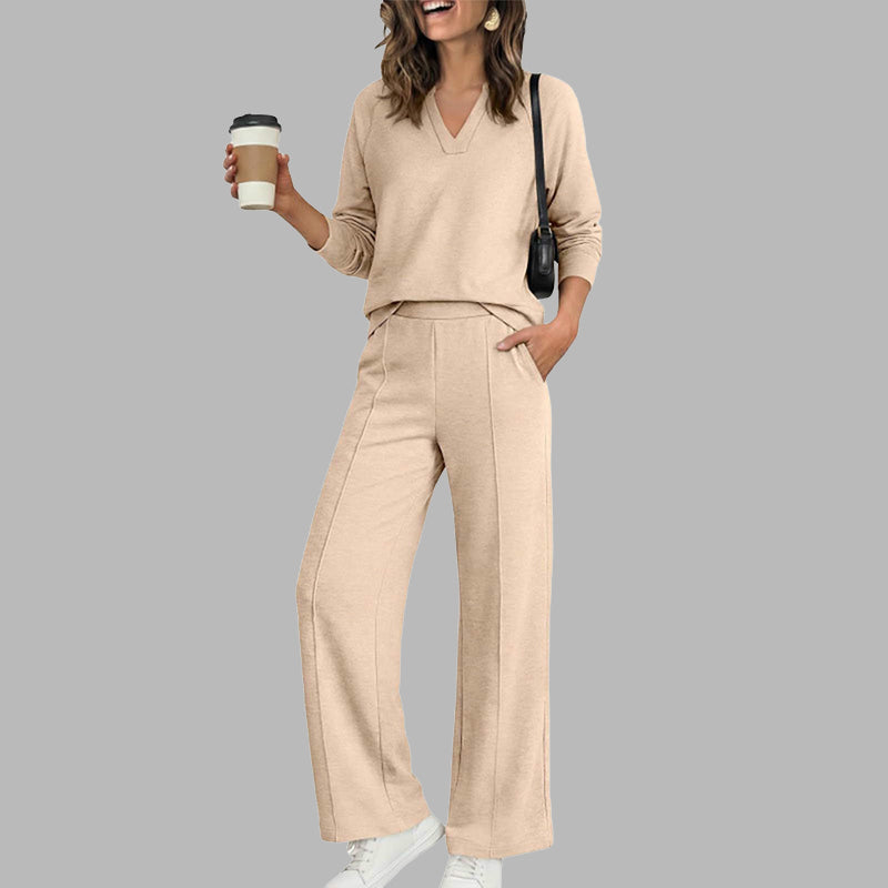 Ensemble décontracté pour femme : haut à col V et pantalon à jambes larges