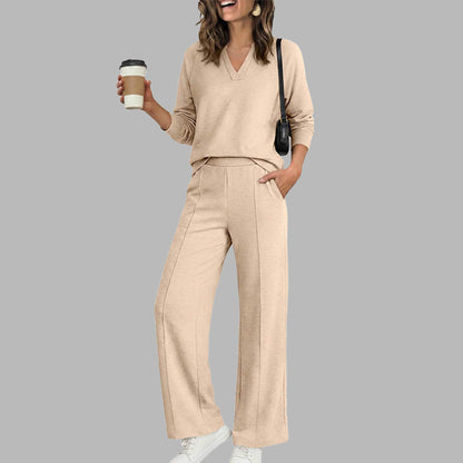 Ensemble décontracté pour femme : haut à col V et pantalon à jambes larges