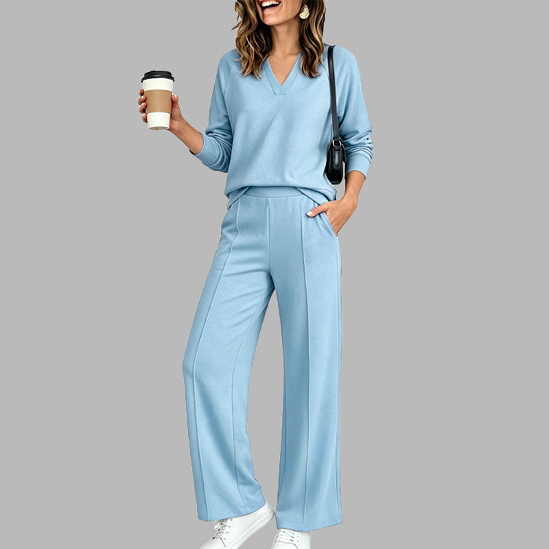 Ensemble décontracté pour femme : haut à col V et pantalon à jambes larges