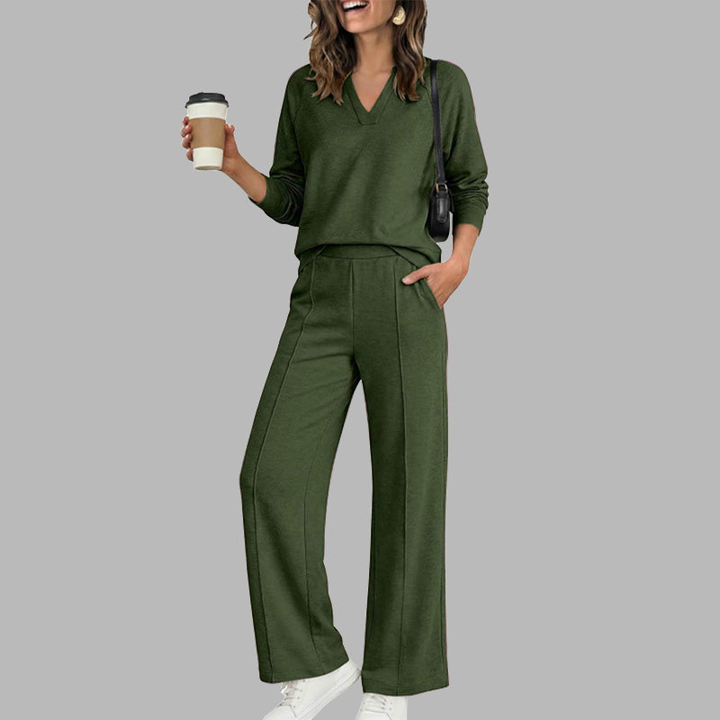 Ensemble décontracté pour femme : haut à col V et pantalon à jambes larges
