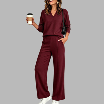 Ensemble décontracté pour femme : haut à col V et pantalon à jambes larges