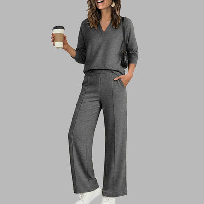 Ensemble décontracté pour femme : haut à col V et pantalon à jambes larges