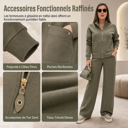 Ensemble de survêtement deux pièces pour femme en mélange de coton épais, avec veste zippée et pantalon large