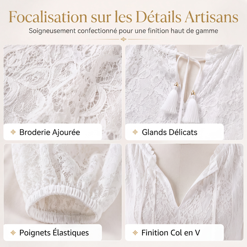 Haut en dentelle à manches longues et col V pour femme