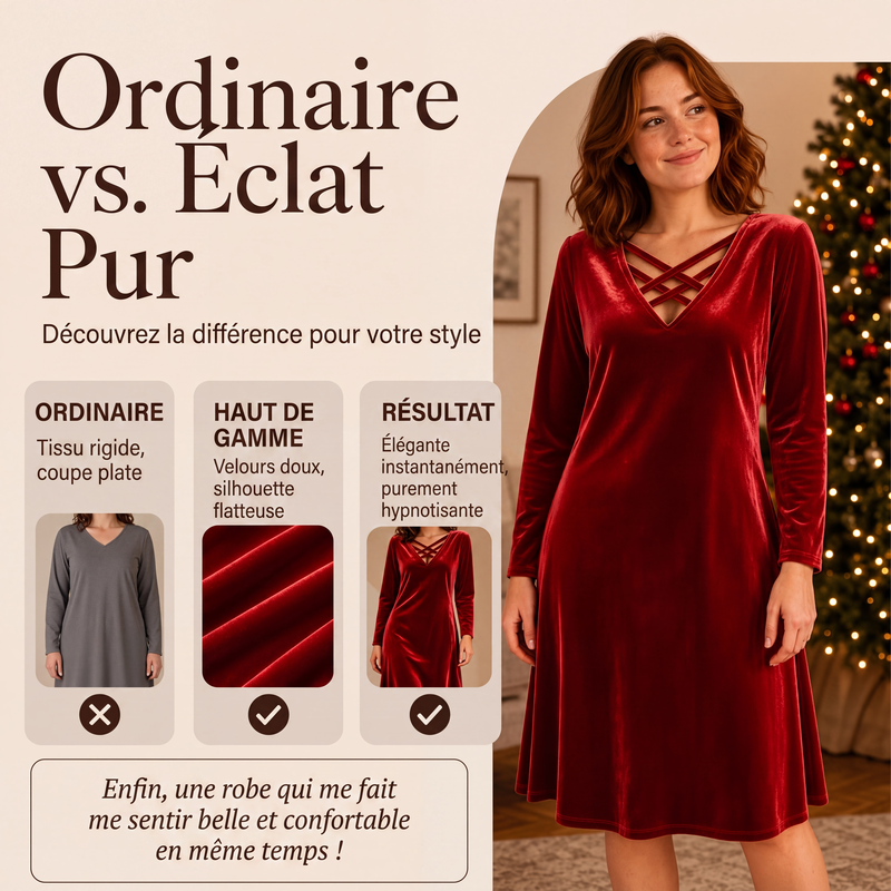Robe mi-longue en velours à col V et entrecroisée pour femmes
