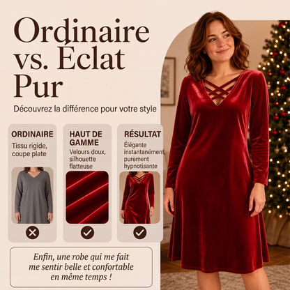 Robe mi-longue en velours à col V et entrecroisée pour femmes