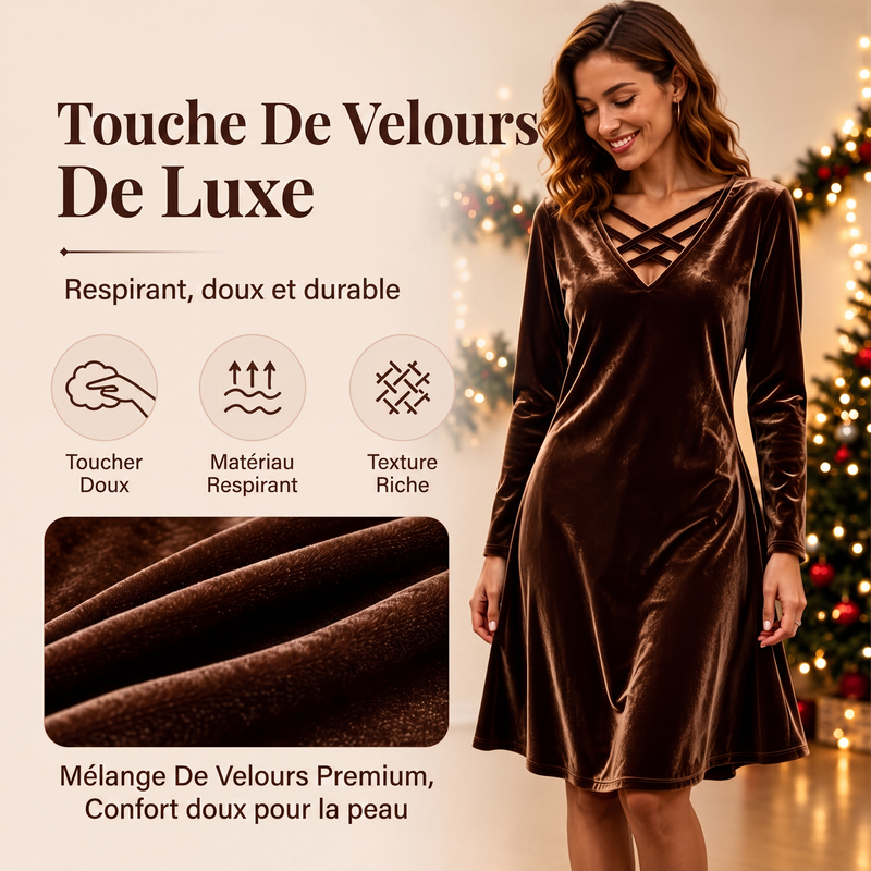 Robe mi-longue en velours à col V et entrecroisée pour femmes