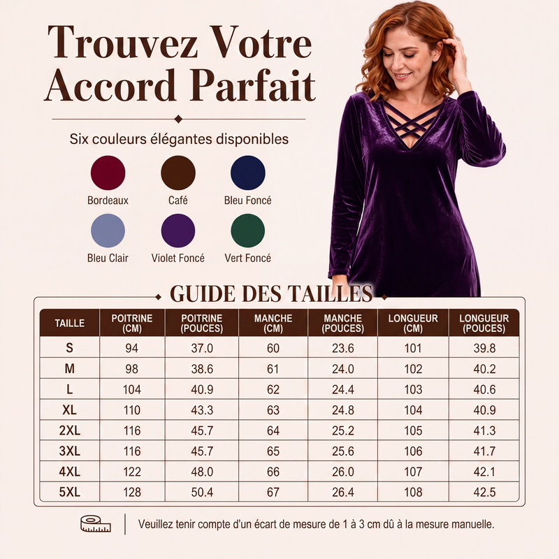 Robe mi-longue en velours à col V et entrecroisée pour femmes
