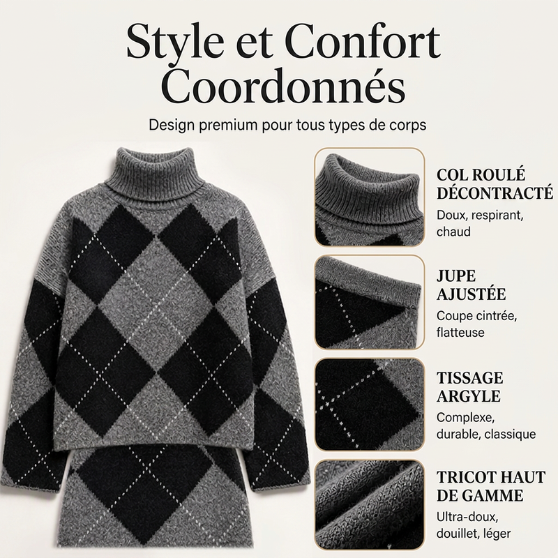 Ensemble pull en maille argyle et jupe pour femme
