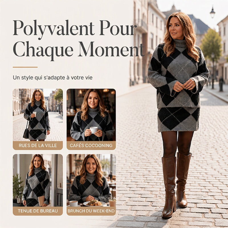 Ensemble pull en maille argyle et jupe pour femme