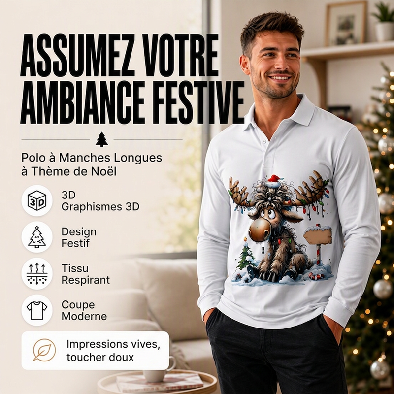 Haut à col pour homme à motif d'élan à manches longues