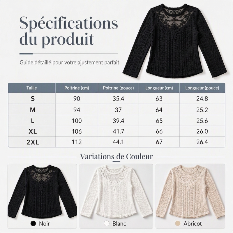 T-shirt à manches longues pour femme avec patchwork en dentelle