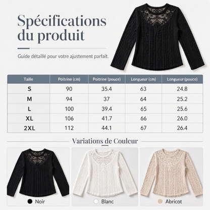 T-shirt à manches longues pour femme avec patchwork en dentelle