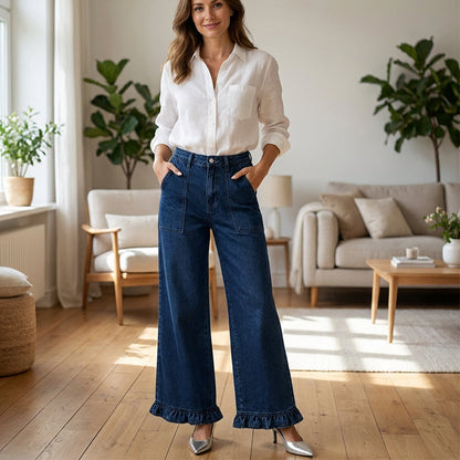 Jean droit chic à ourlet volanté pour femme