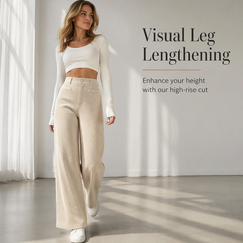 Pantalon large en velours côtelé à taille haute pour femme 