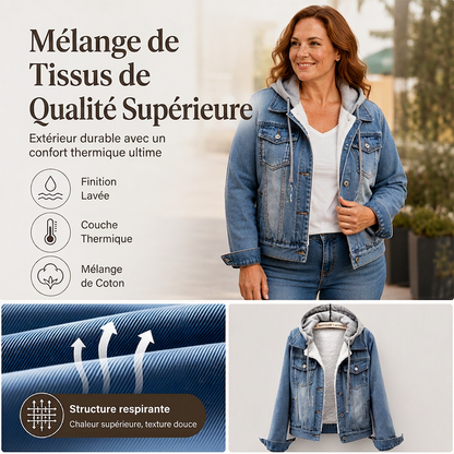 🌸 OFFRE LIMITÉE –50% ! ✨ Veste en jean à capuche superposée pour femme, avec doublure chaude