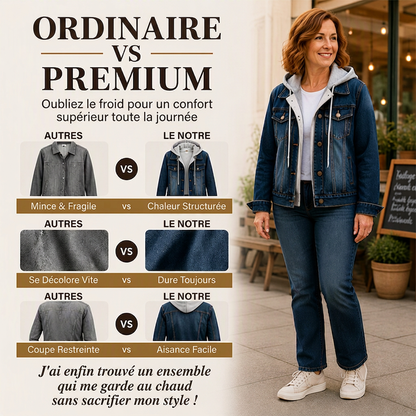 🌸 OFFRE LIMITÉE –50% ! ✨ Veste en jean à capuche superposée pour femme, avec doublure chaude