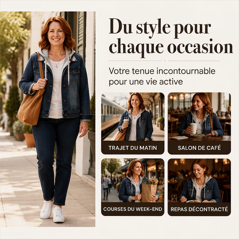 🌸 OFFRE LIMITÉE –50% ! ✨ Veste en jean à capuche superposée pour femme, avec doublure chaude