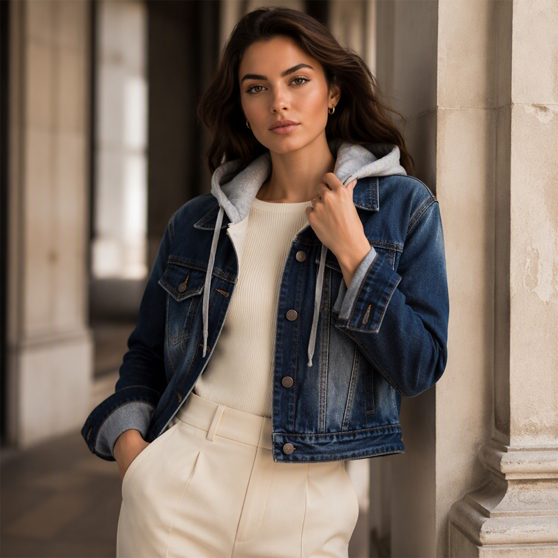 🌸 OFFRE LIMITÉE –50% ! ✨ Veste en jean à capuche superposée pour femme, avec doublure chaude