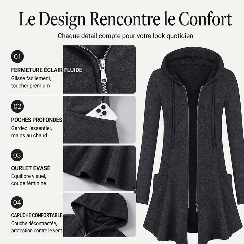 Veste à capuche mi-longue zippée pour femme