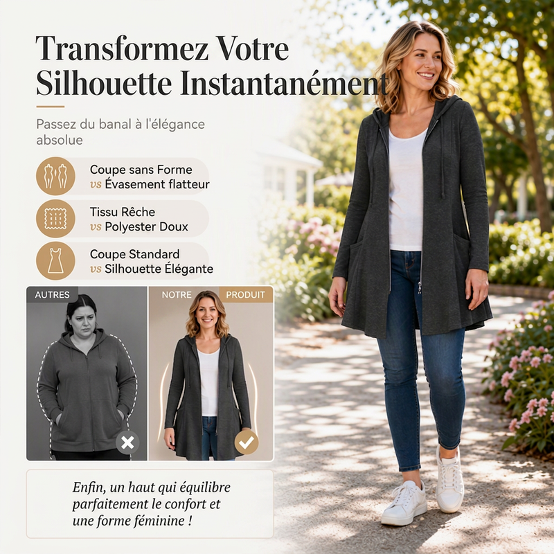 Veste à capuche mi-longue zippée pour femme