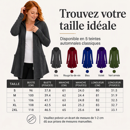 Veste à capuche mi-longue zippée pour femme
