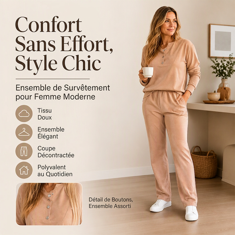 🌸 OFFRE LIMITÉE –50% ! ✨ Ensemble sweat à demi-boutons et pantalon de survêtement pour femme
