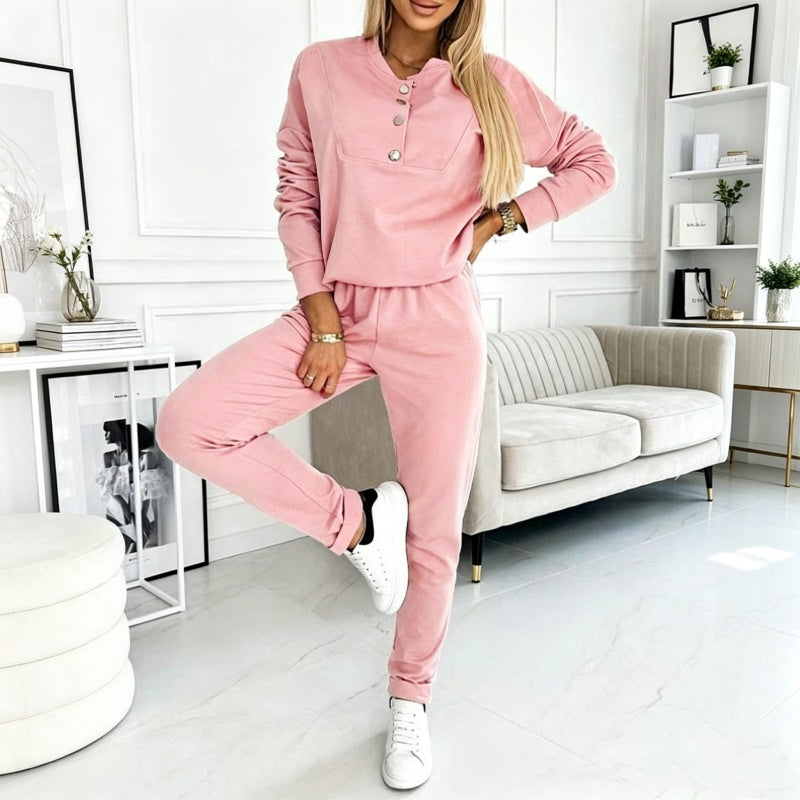 🌸 OFFRE LIMITÉE –50% ! ✨ Ensemble sweat à demi-boutons et pantalon de survêtement pour femme