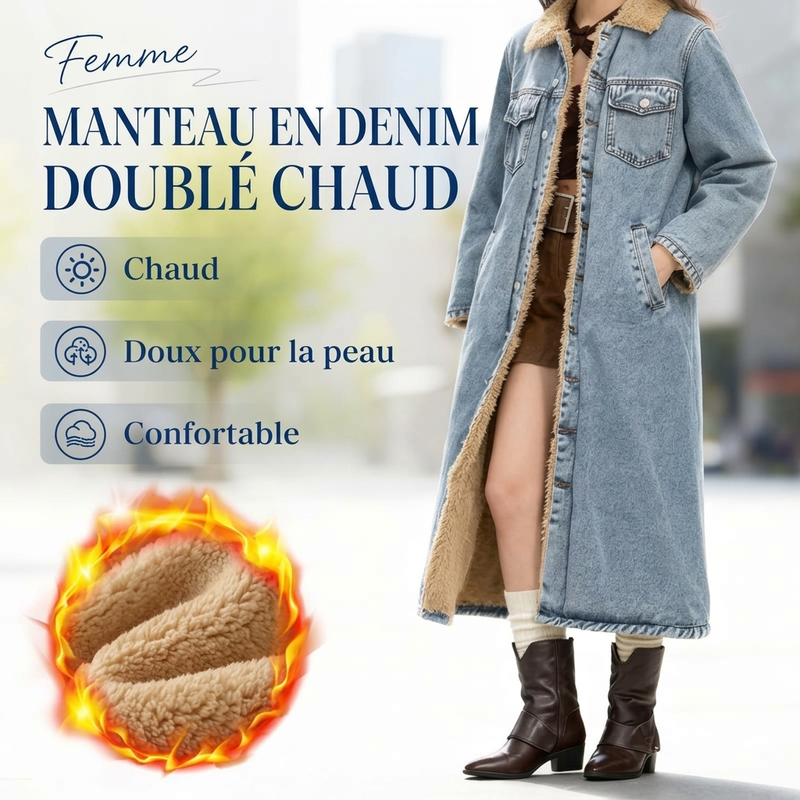 🌸 OFFRE LIMITÉE –50% ! ✨ Manteau long en jean doublé chaud pour femme