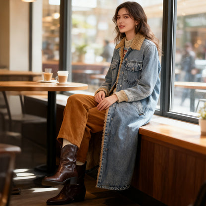 🌸 OFFRE LIMITÉE –50% ! ✨ Manteau long en jean doublé chaud pour femme