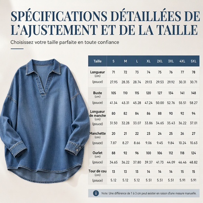 Chemise pull en jean décontractée pour femme, col V, manches chauve-souris et ourlet asymétrique, coupe ample