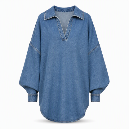 Chemise pull en jean décontractée pour femme, col V, manches chauve-souris et ourlet asymétrique, coupe ample