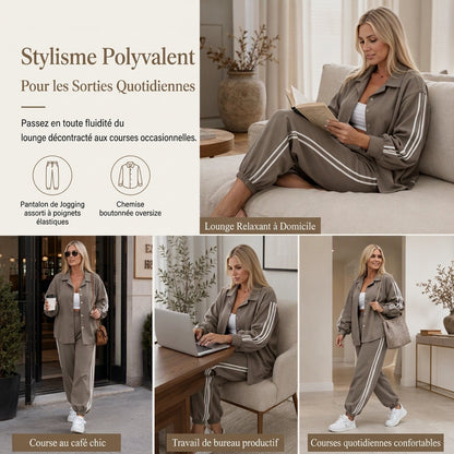 Ensemble de détente décontracté pour femme composé d'une chemise oversize à boutons et d'un pantalon de jogging à bandes latérales
