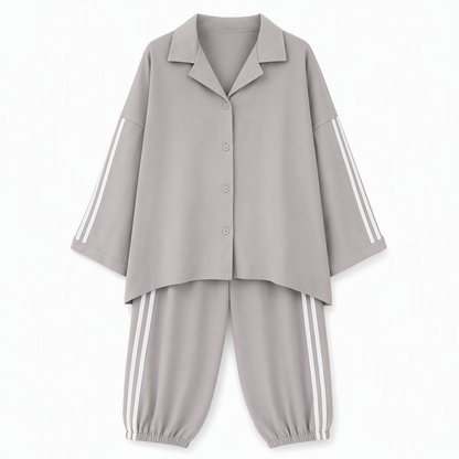 Ensemble de détente décontracté pour femme composé d'une chemise oversize à boutons et d'un pantalon de jogging à bandes latérales