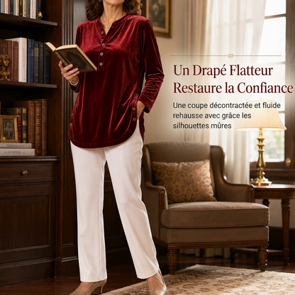 T-shirt décontracté à manches longues en velours ample pour femme, avec col V boutonné