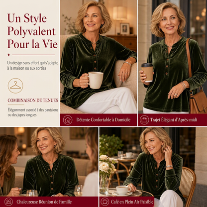 T-shirt décontracté à manches longues en velours ample pour femme, avec col V boutonné