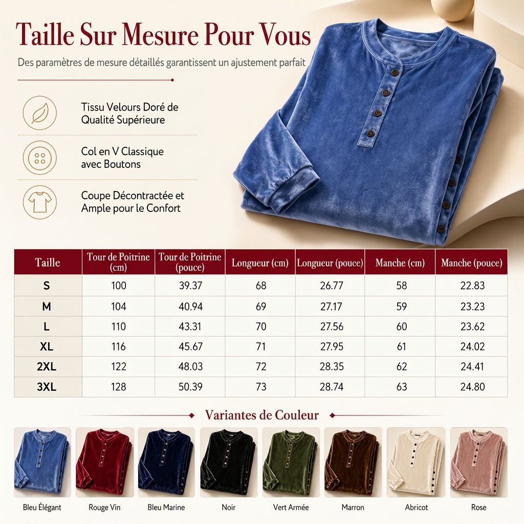 T-shirt décontracté à manches longues en velours ample pour femme, avec col V boutonné