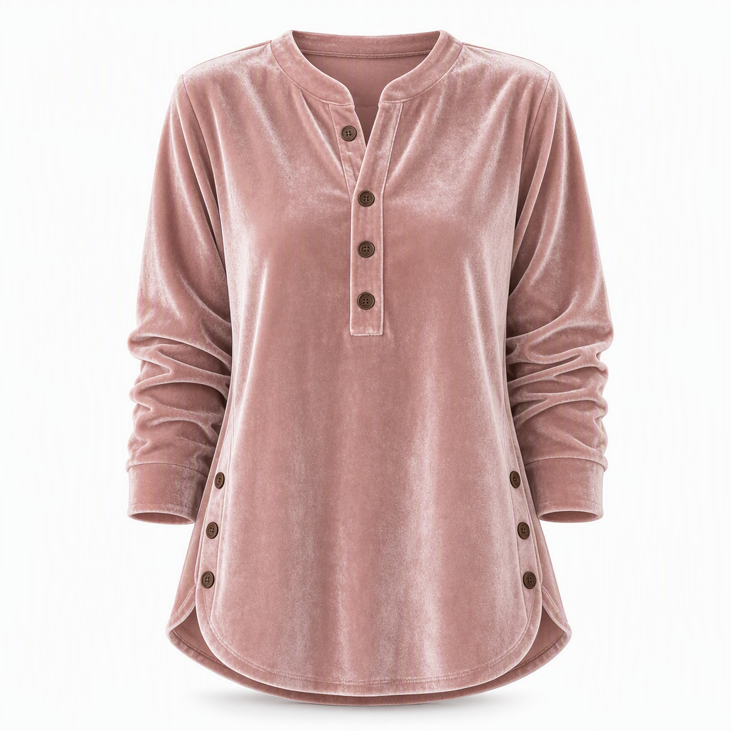 T-shirt décontracté à manches longues en velours ample pour femme, avec col V boutonné